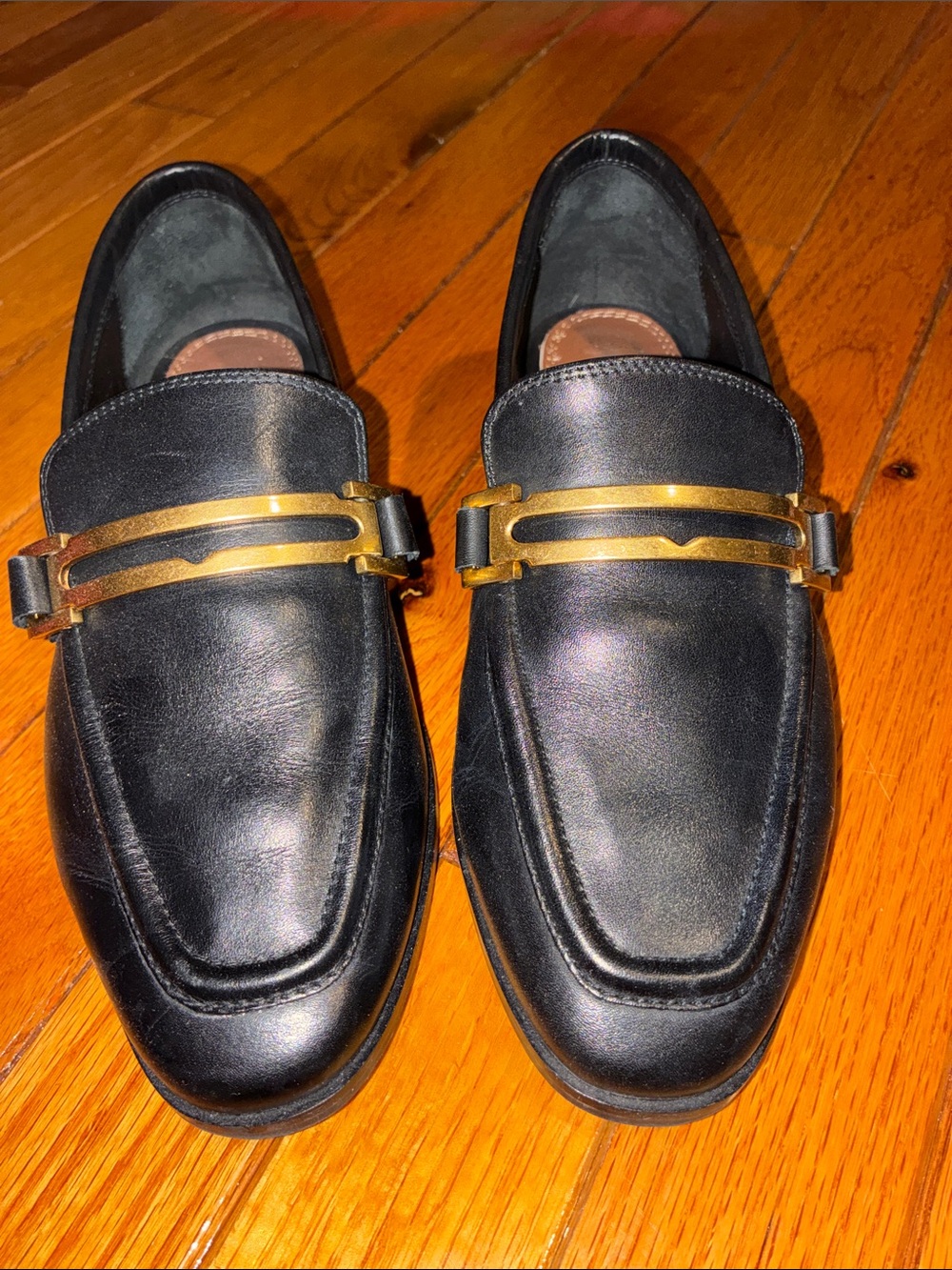 Reiss Black Leather Bit Loafers with Gold Hardware